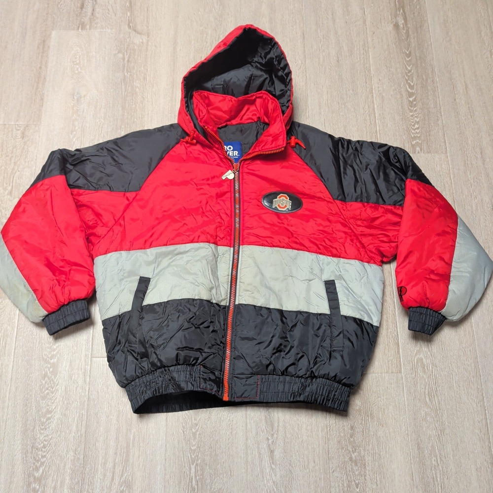Vintage 90s Pro Player Ohio State Puffer Jacket Mens XL Red Black Hooded Flaws